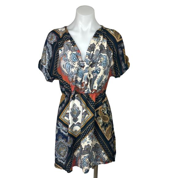 H&M Multicolor Handkerchief Scarf Paisley Tie V-Neck Short Sleeve Mini Dress 2 - Picture 1 of 8